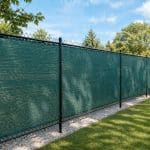 Filet de clôture vert installé sur une clôture métallique, utilisé pour créer un écran visuel et protéger un espace extérieur en milieu commercial