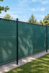 Filet de clôture vert installé sur une clôture métallique, utilisé pour créer un écran visuel et protéger un espace extérieur en milieu commercial