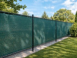 Green fencing netting installed on a metal fence, used to create a visual screen and protect an outdoor space in a commercial setting.