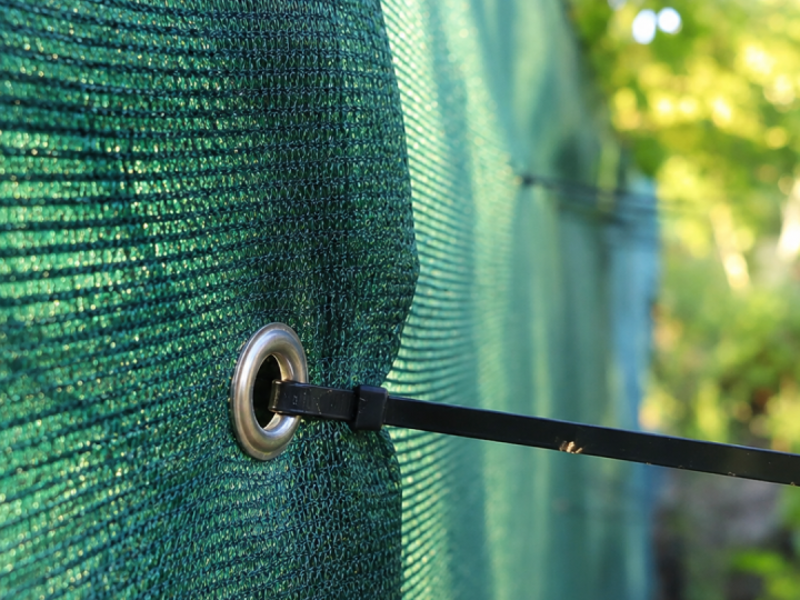 Green fencing netting installed on a construction site fence