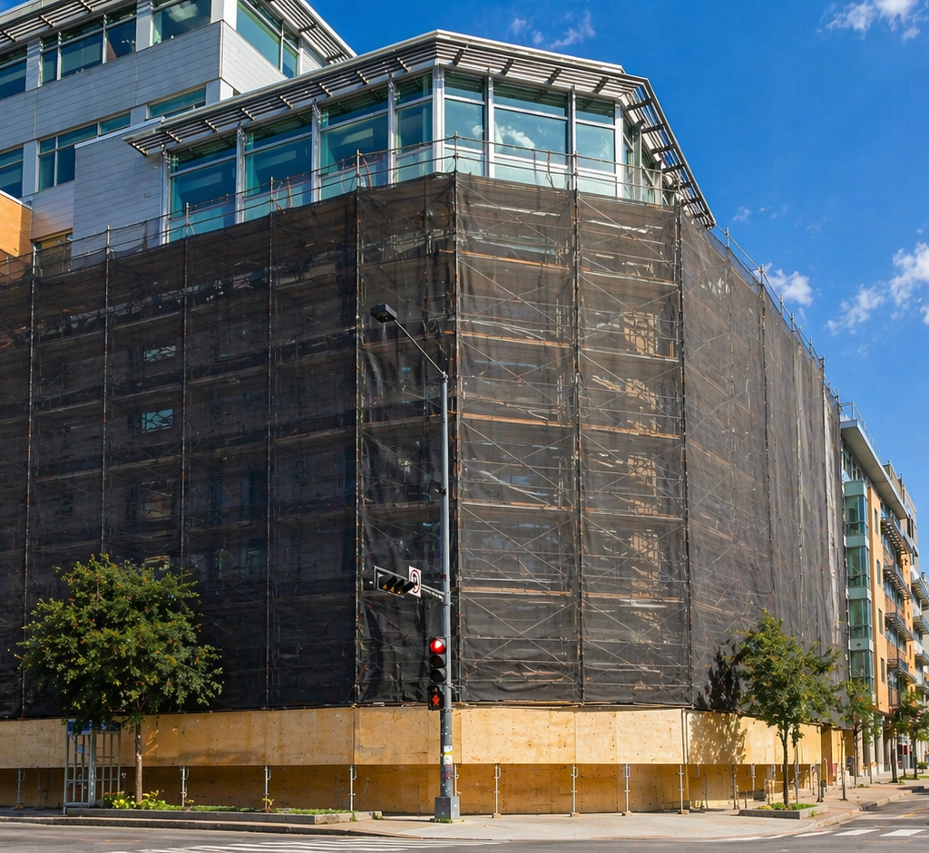 Filets de protection chantier installés sur échafaudage autour d’un immeuble en construction, conçus pour retenir les chutes de débris sur gros chantier urbain