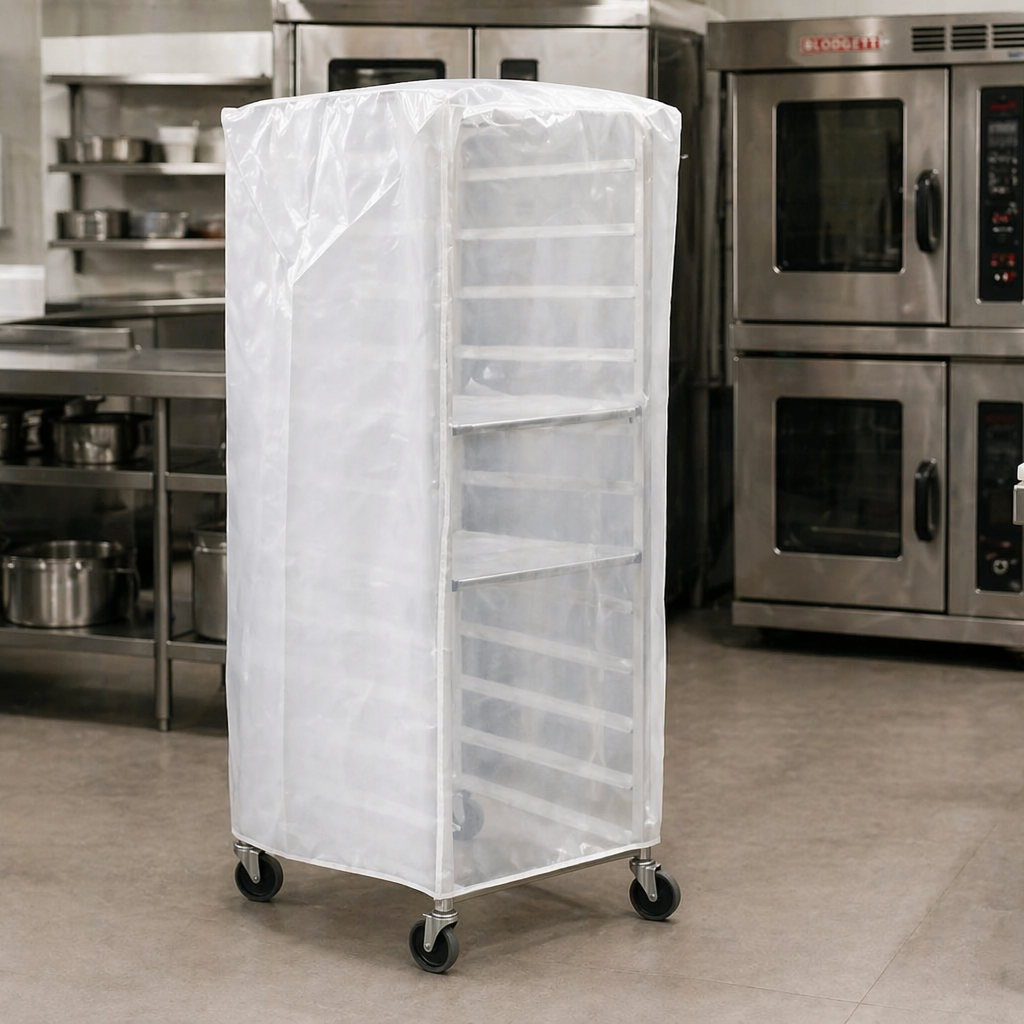 Housse de protection industrielle pour chariot en milieu alimentaire, recouvrant un rack mobile dans une cuisine commerciale afin de protéger les équipements contre la poussière et les contaminants