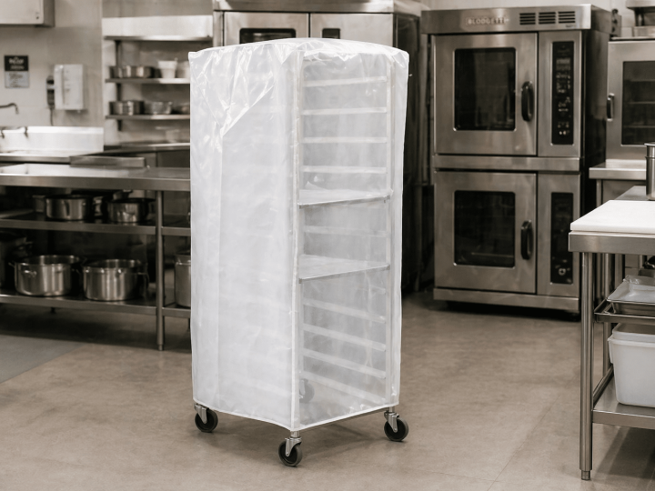 Industrial protective cover for food service trolleys, covering a mobile rack in a commercial kitchen to protect equipment from dust and contaminants