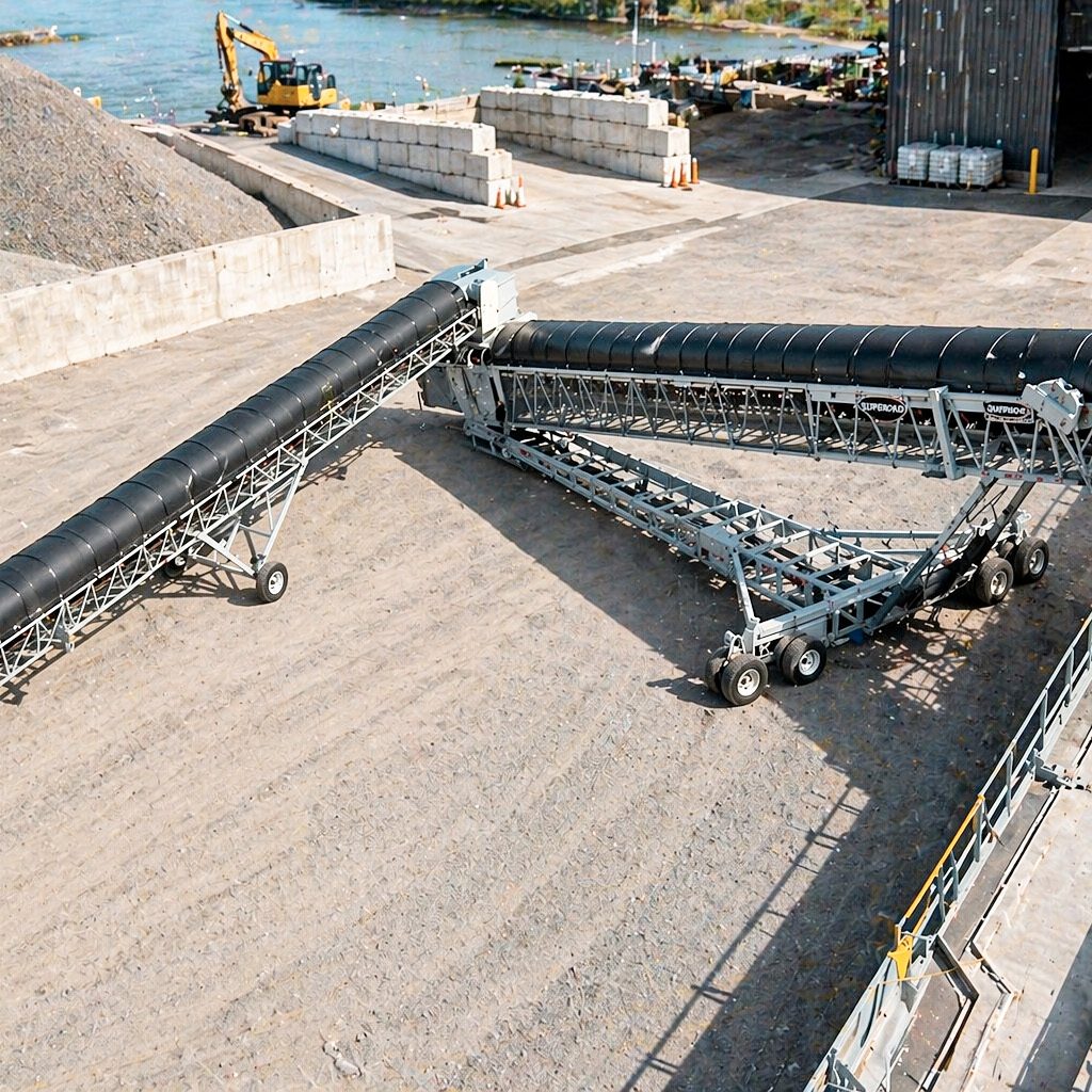 Black vinyl bulk conveyor covers installed on industrial conveyors, used to contain materials and protect operations in port environments.