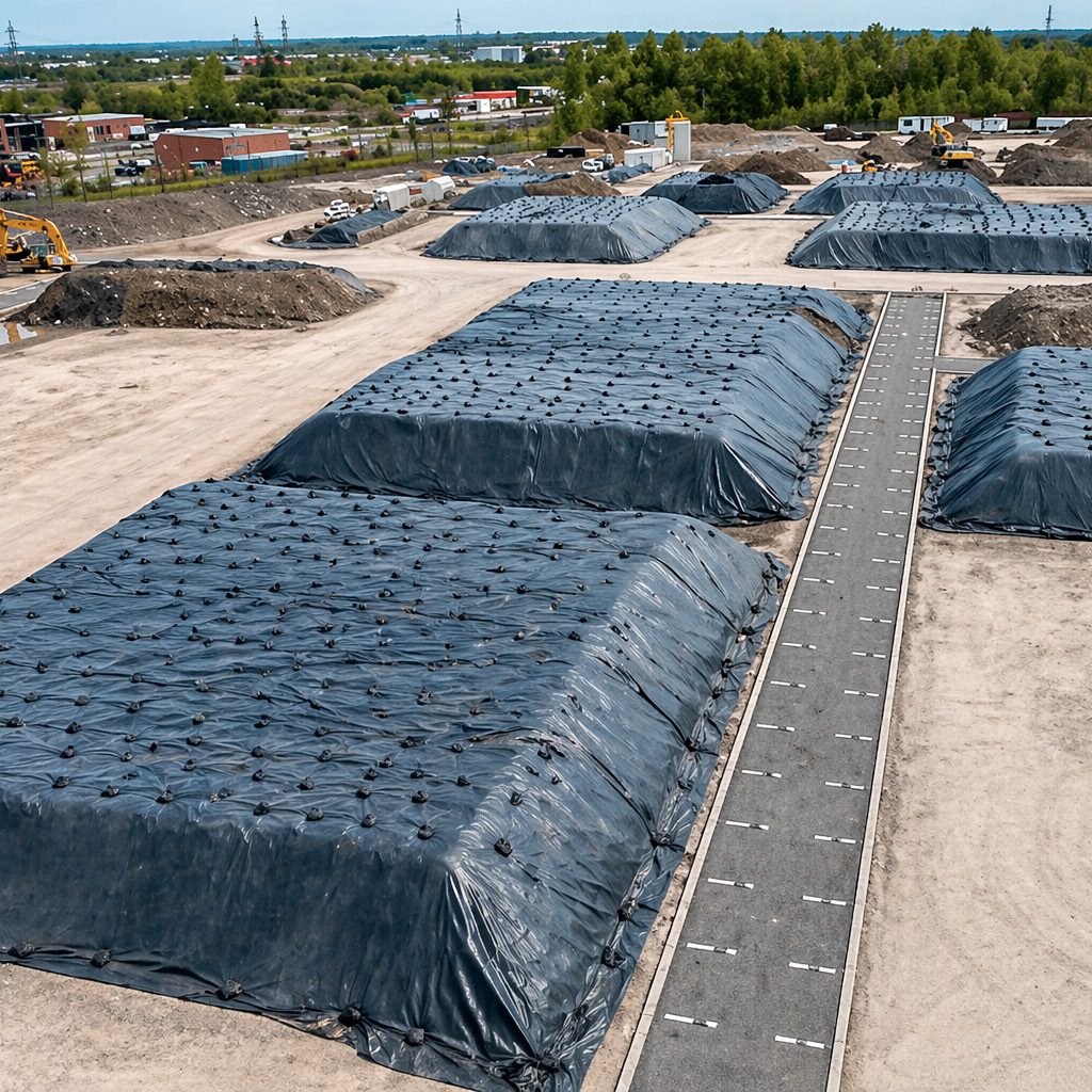 Toiles de recouvrement pour sols contaminés installées sur plusieurs monticules en chantier, utilisées pour contenir et protéger des matériaux excavés en environnement contrôlé