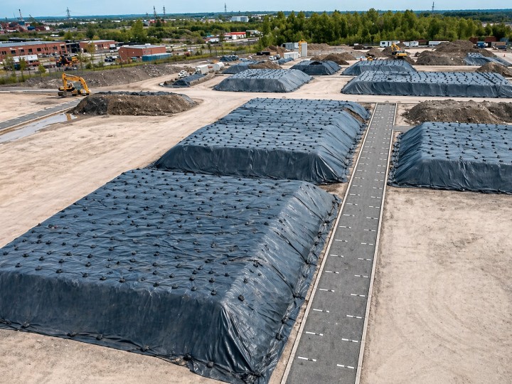 Contaminated soil cover tarps installed on several mounds at the construction site, used to contain and protect excavated materials in a controlled environment