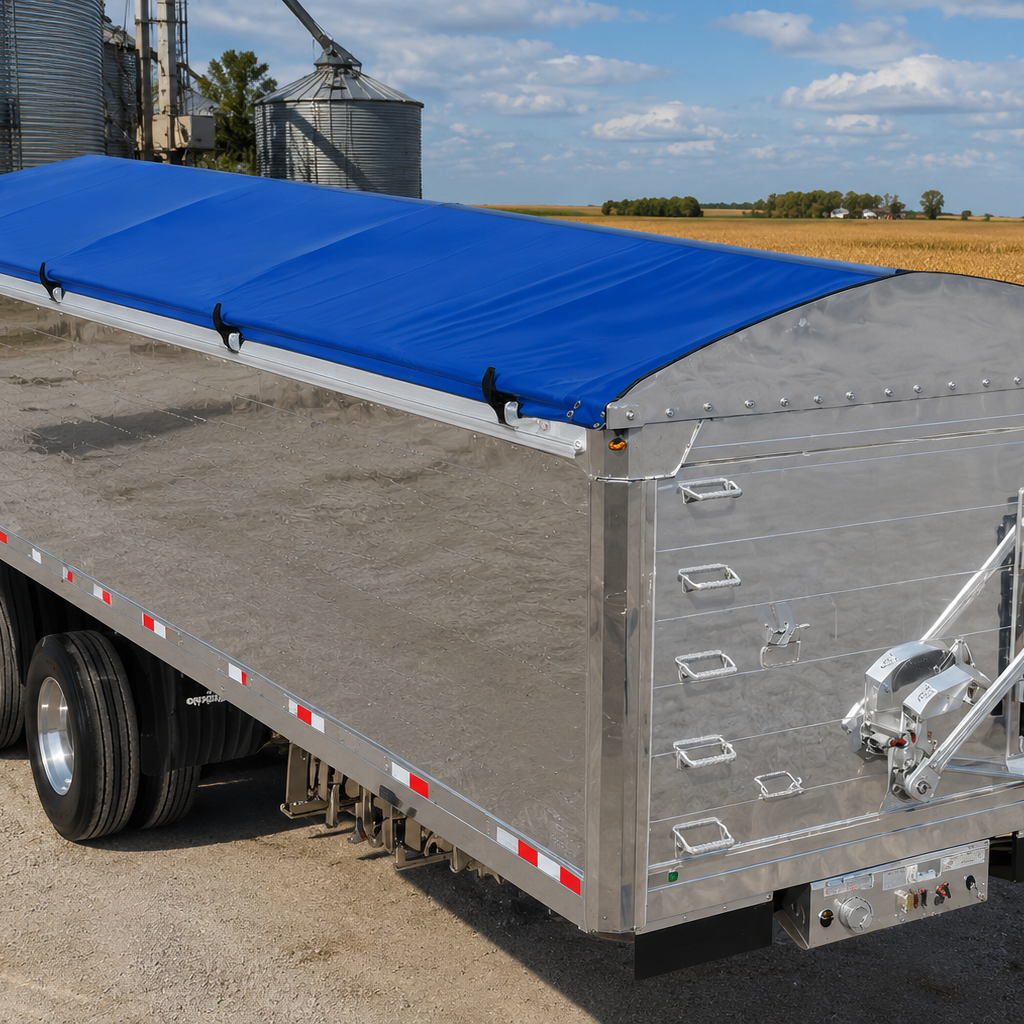 Toile à grain bleue installée sur une remorque à grain en aluminium pour le transport sécuritaire des céréales et des produits en vrac.