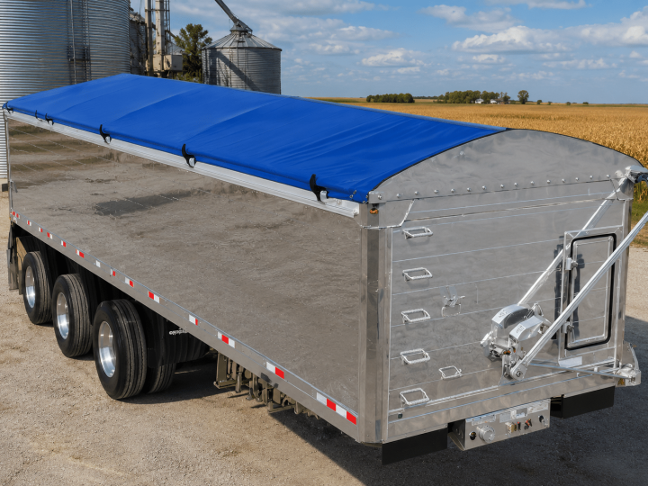 Toile à grain bleue installée sur une remorque à grain en aluminium pour le transport sécuritaire des céréales et des produits en vrac.